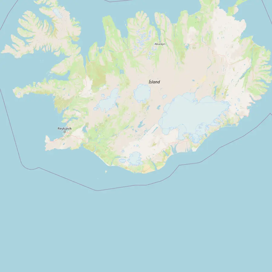 Map of Iceland with Reykjavík, Húsafell, Langjökull, Geysir, Vík, Mýrdalsjökull and Jökulsárlón