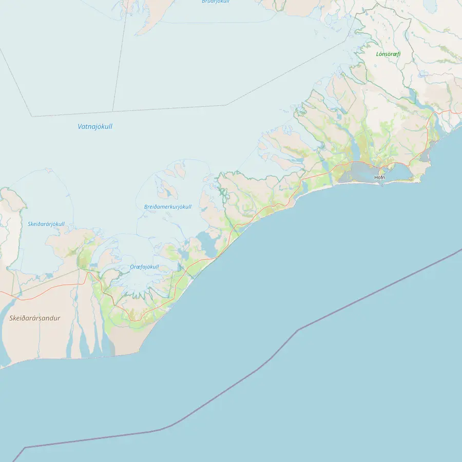 Map of south-east Iceland with Jökulsárlón, Breiðamerkurjökull, Falljökull, Skaftafell and Höfn